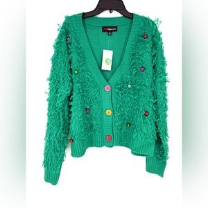 32 Degrees Green Textured Loop-Knit Cardigan with Colorful Buttons